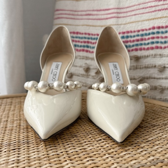 Jimmy Choo Aurelie 85 Latte White Faux Pearl Embellished Patent Leather Pumps 39 - Picture 6 of 11
